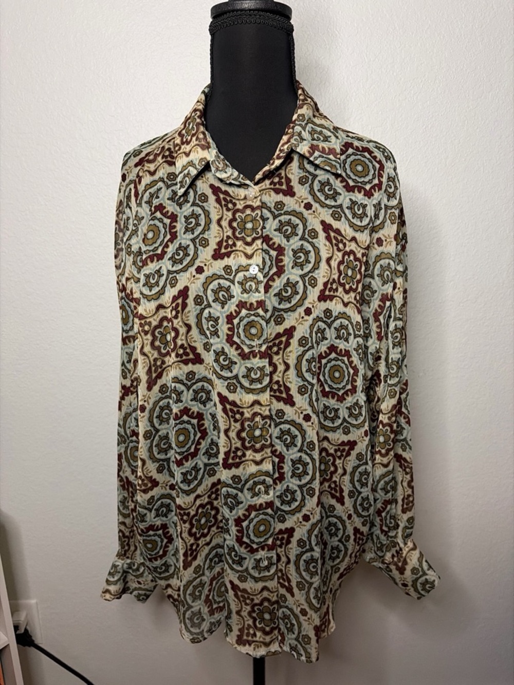 Zara Printed Button-Up Blouse - Sage, Burgundy, Mustard